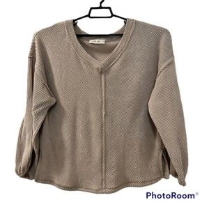 Molly Green Womens Tan Low VNeck Textured Balloon Sleeve Pullover Top Size Large
